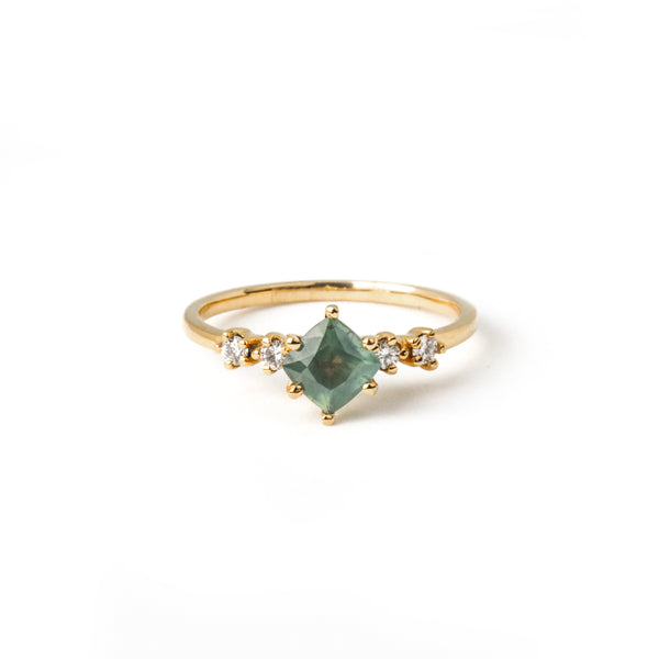 Ring with Cushion Cut Teal Sapphire (0.89 ct) and Diamonds, Solid 14k Gold | ONE-OF-A-KIND