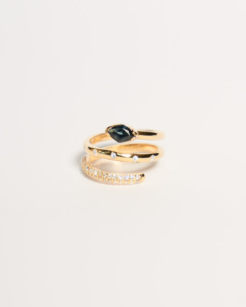 Diamond & Gemstone Spiral Ring No. 1 - Teal Sapphire, Solid 14k Gold | ONE-OF-A-KIND