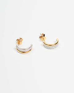 Double Half Hoop with Diamonds Earrings, Solid 14k Gold