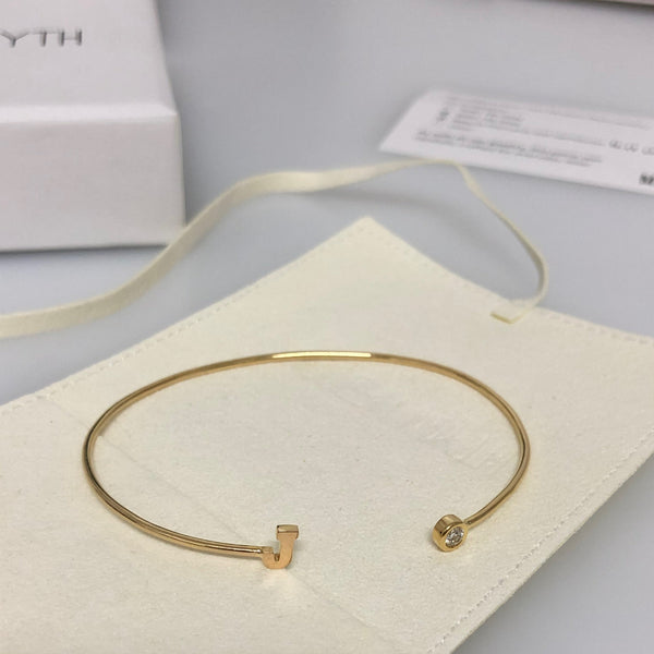 Slim Open Bangle with Initial and Diamond, Solid 14k Gold