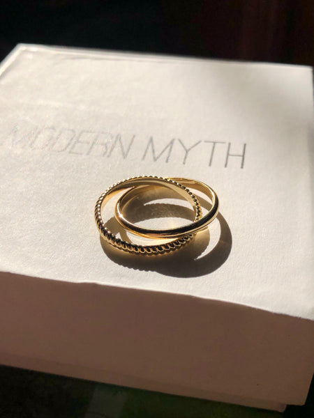 Interlocked Twist and Half Round Band Rings, Solid 14k Gold